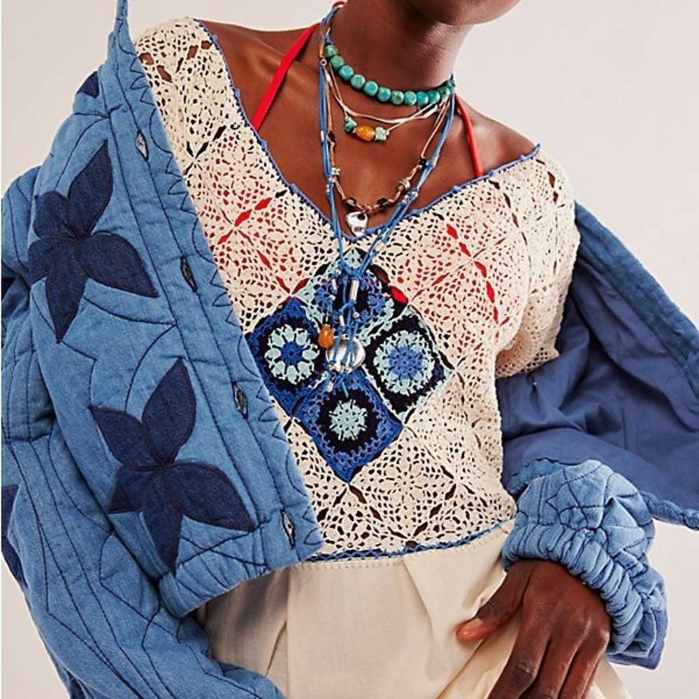 Carolina K Azul Sheer Crochet Cottagecore Bohemian Quarter Sleeve Maxi Dress S - Picture 3 of 16